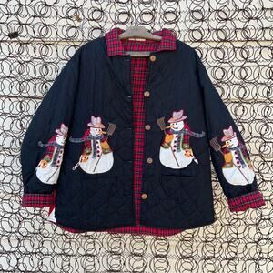 Vintage Americana appliqué snowman quilted jacket reversible w black red plaid